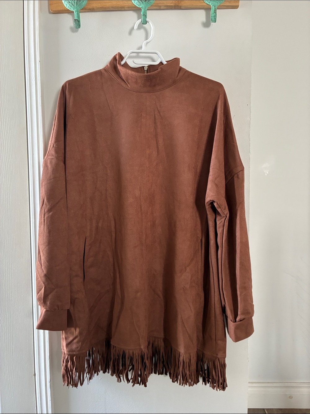 Cozy Fringe Mock-Neck Dress in Rust